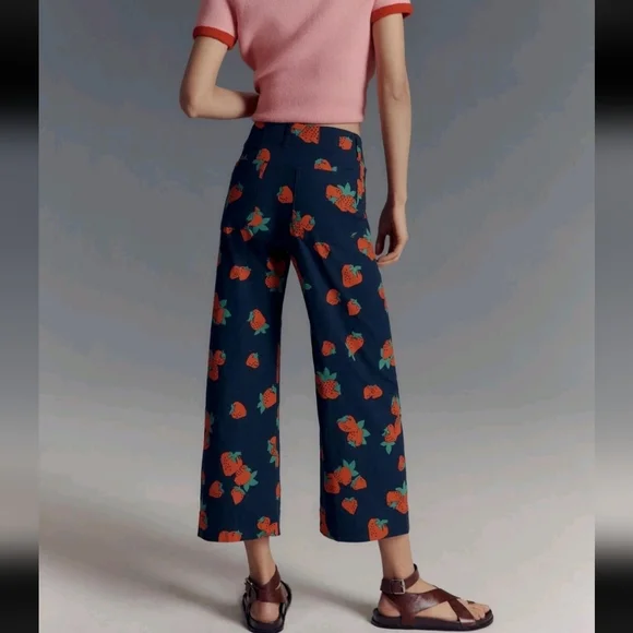 Anthropologie Maeve The Colette Strawberry Cropped Wide-Leg Linen Trousers 🍓🍓